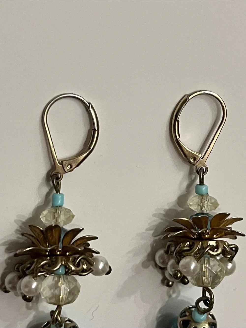 Talbots Turquoise Cluster Drop Earrings with Faux Pearls and Crystal Beads
